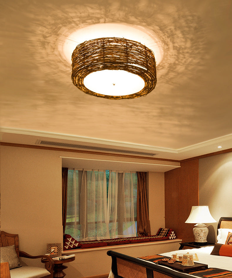 Luminaire de plafond encastré en rotin asiatique, tambour marron pour salle à manger