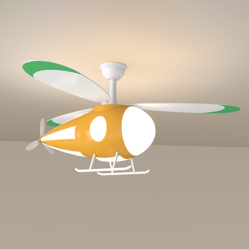 Metal Airplane Shaped Hanging Fan Light Cartoon LED Semi Flush Mount Lamp for Childrens Bedroom