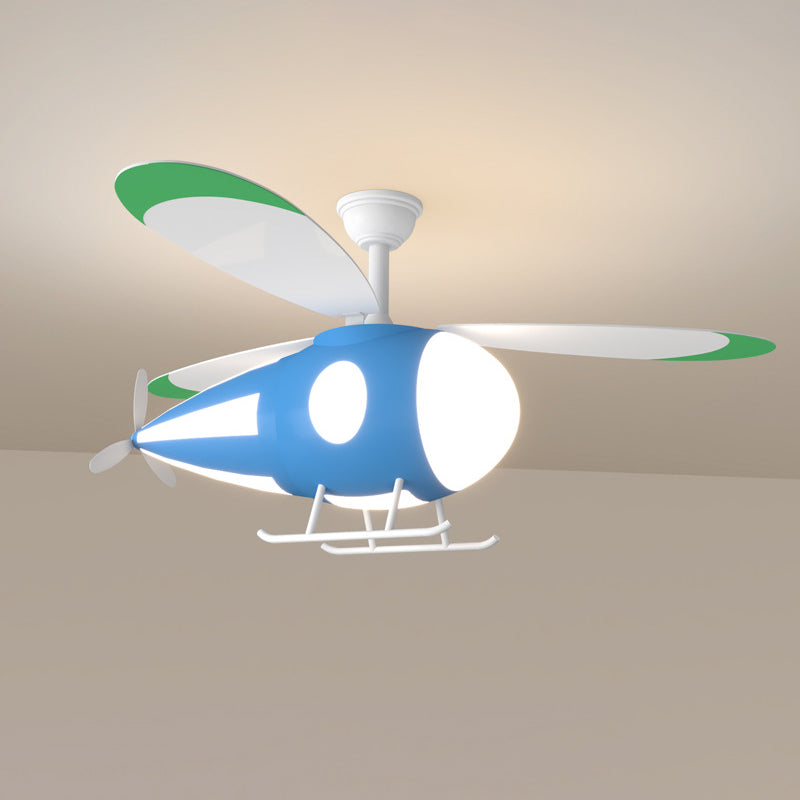 Metal Airplane Shaped Hanging Fan Light Cartoon LED Semi Flush Mount Lamp for Childrens Bedroom