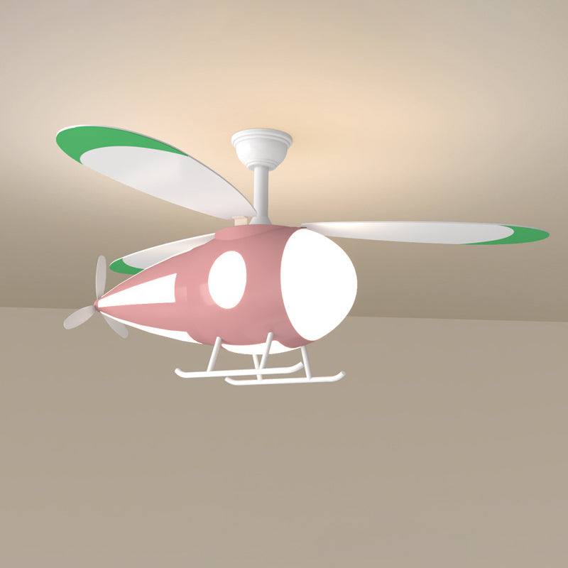 Metal Airplane Shaped Hanging Fan Light Cartoon LED Semi Flush Mount Lamp for Childrens Bedroom