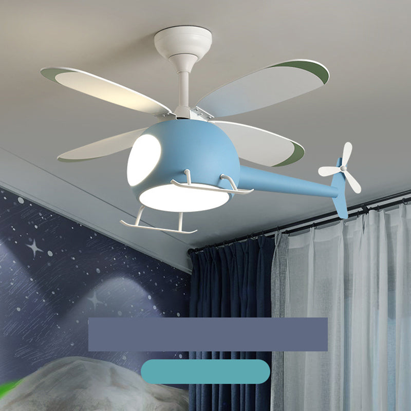 4-Blade Helicopter Pendant Fan Lighting Kids Style Metal LED Semi Flush Ceiling Light with Remote