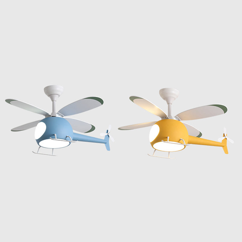 4-Blade Helicopter Pendant Fan Lighting Kids Style Metal LED Semi Flush Ceiling Light with Remote