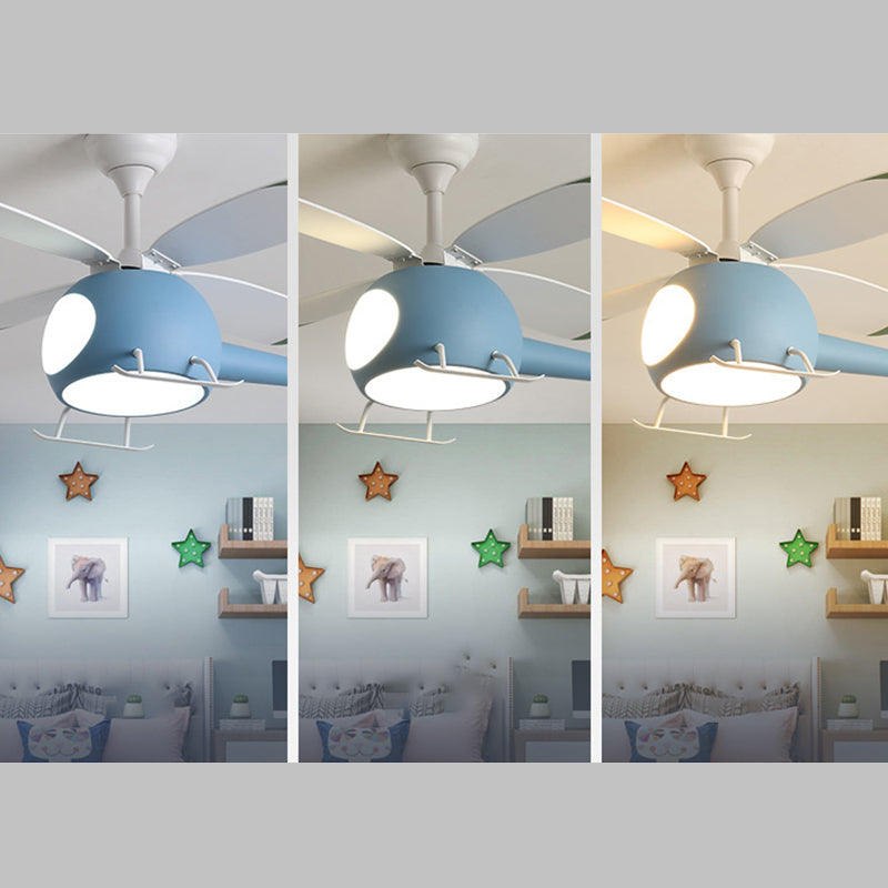 4-Blade Helicopter Pendant Fan Lighting Kids Style Metal LED Semi Flush Ceiling Light with Remote