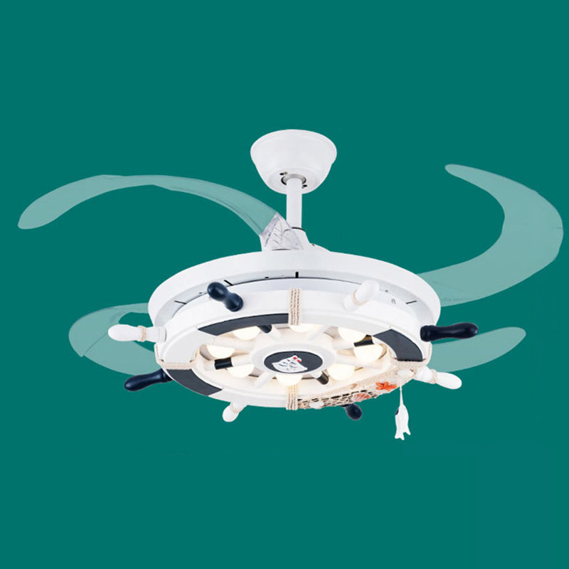 Remote Control Rudder Semi Flush Mount Mediterranean Metal Kids Bedroom LED Pendant Fan Light