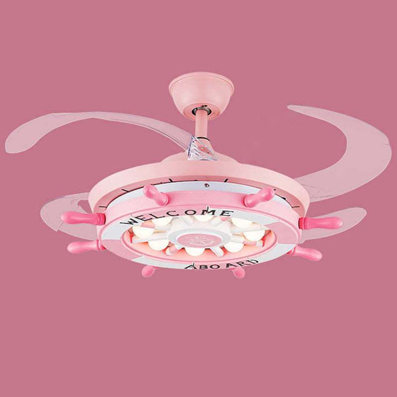 Remote Control Rudder Semi Flush Mount Mediterranean Metal Kids Bedroom LED Pendant Fan Light
