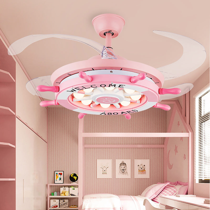 Remote Control Rudder Semi Flush Mount Mediterranean Metal Kids Bedroom LED Pendant Fan Light