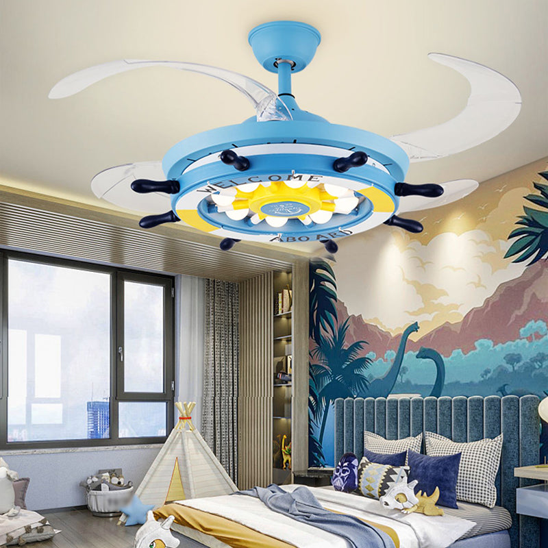 Remote Control Rudder Semi Flush Mount Mediterranean Metal Kids Bedroom LED Pendant Fan Light
