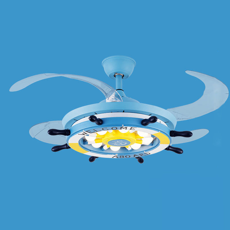 Remote Control Rudder Semi Flush Mount Mediterranean Metal Kids Bedroom LED Pendant Fan Light