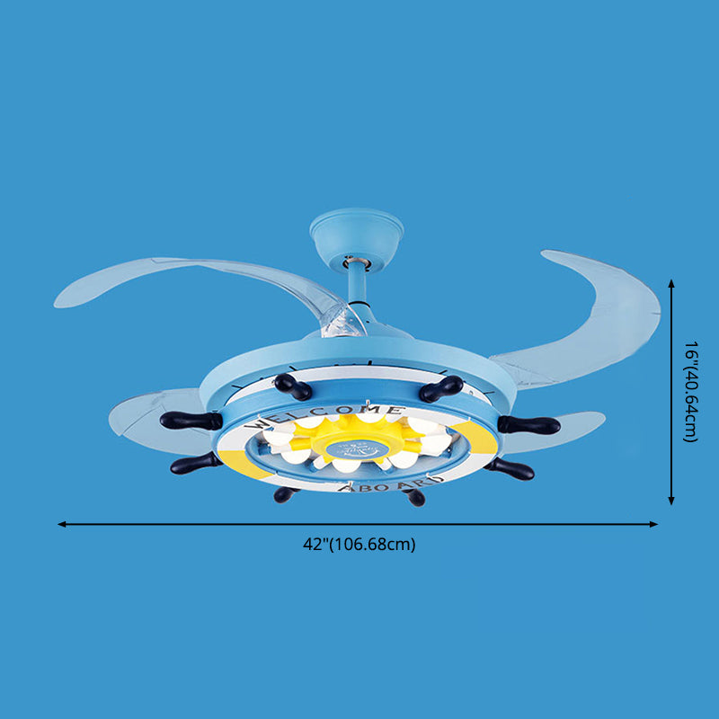 Remote Control Rudder Semi Flush Mount Mediterranean Metal Kids Bedroom LED Pendant Fan Light