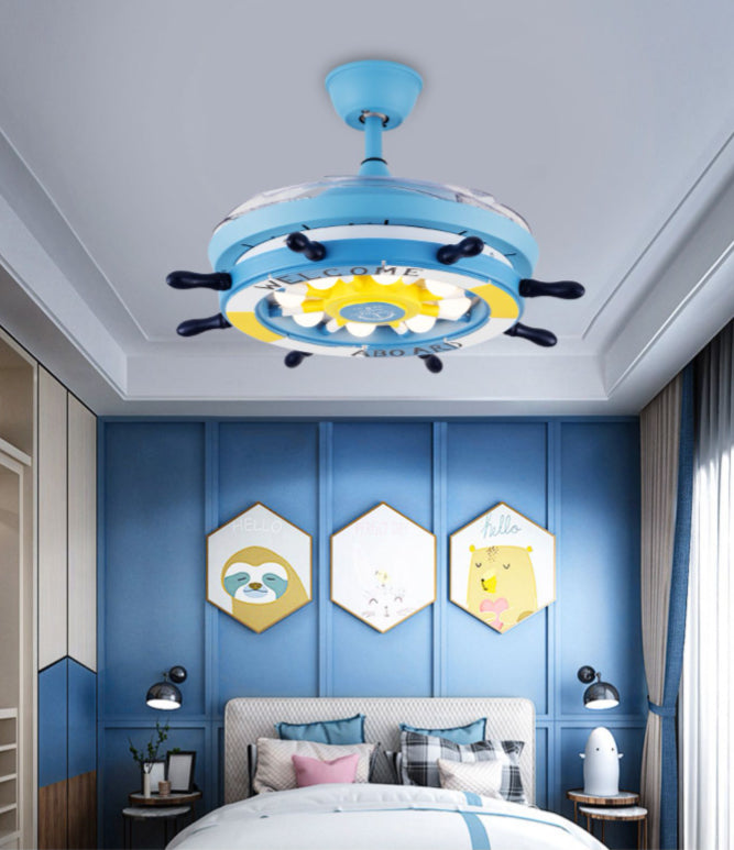 Remote Control Rudder Semi Flush Mount Mediterranean Metal Kids Bedroom LED Pendant Fan Light