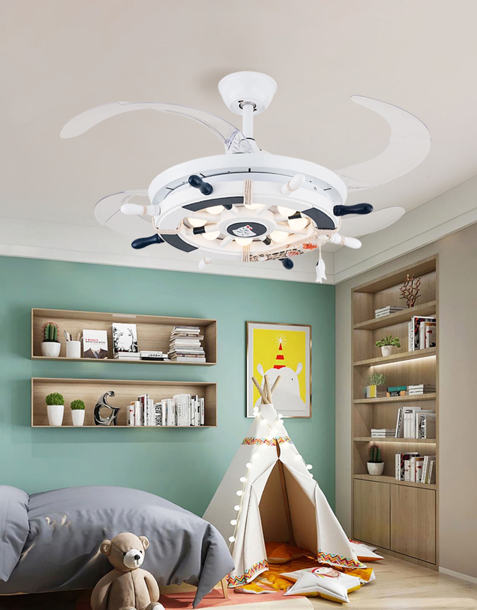 Remote Control Rudder Semi Flush Mount Mediterranean Metal Kids Bedroom LED Pendant Fan Light