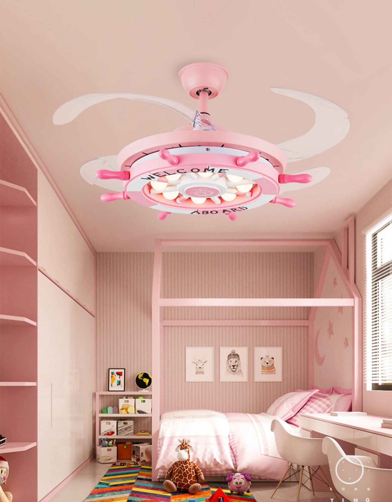 Remote Control Rudder Semi Flush Mount Mediterranean Metal Kids Bedroom LED Pendant Fan Light