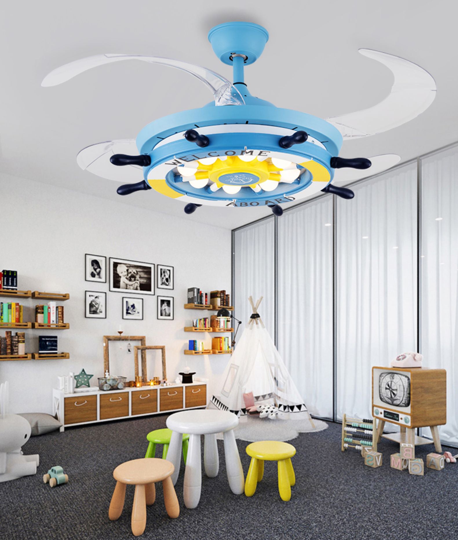 Remote Control Rudder Semi Flush Mount Mediterranean Metal Kids Bedroom LED Pendant Fan Light