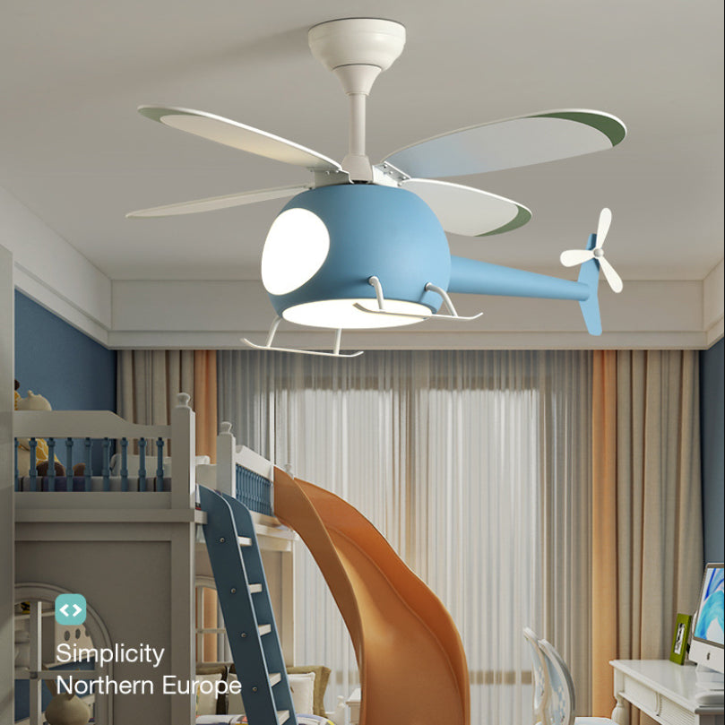 4-Blade Helicopter Pendant Fan Lighting Kids Style Metal LED Semi Flush Ceiling Light with Remote