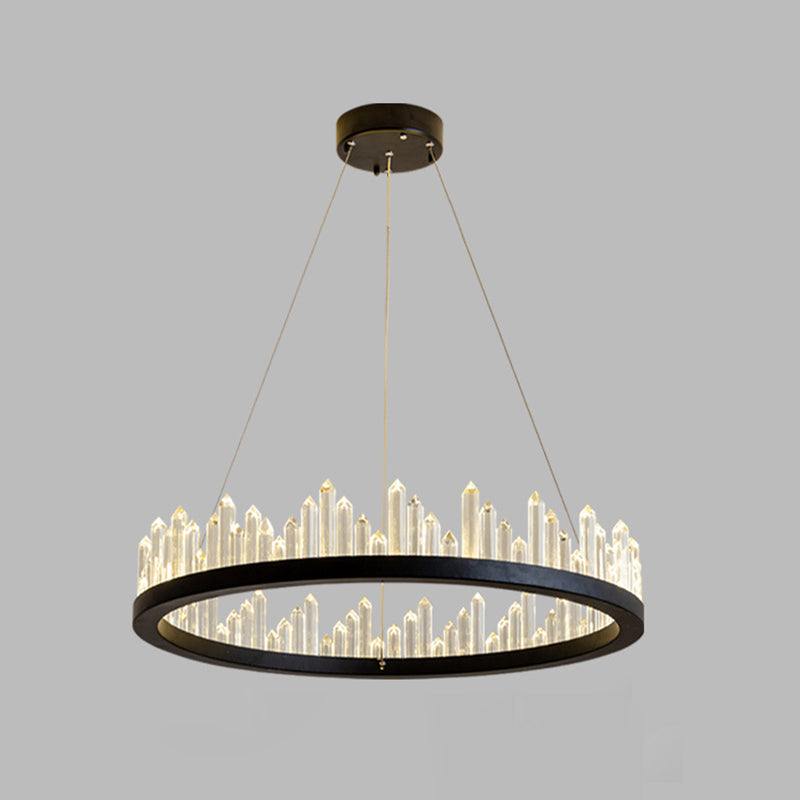 Black Circular LED Pendant Light in Modern Luxury Style Wrought Iron Hanging Lamp with Crystal Shade
