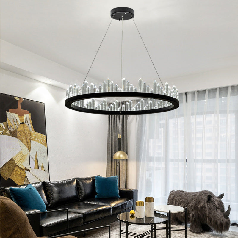 Black Circular LED Pendant Light in Modern Luxury Style Wrought Iron Hanging Lamp with Crystal Shade