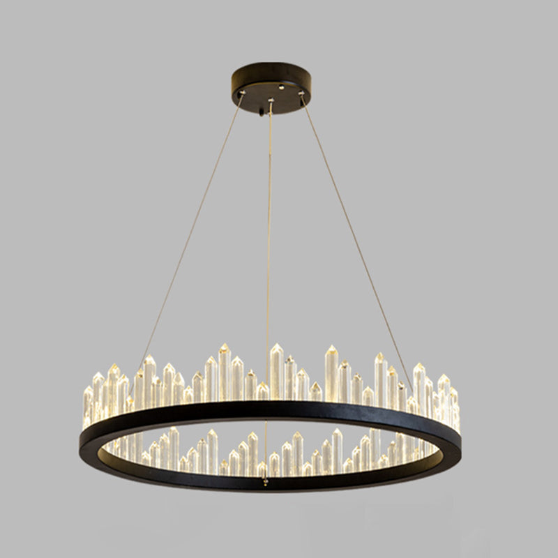 Black Circular LED Pendant Light in Modern Luxury Style Wrought Iron Hanging Lamp with Crystal Shade