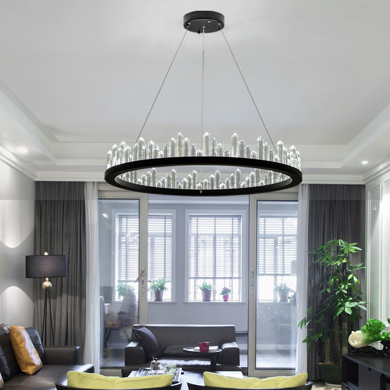 Black Circular LED Pendant Light in Modern Luxury Style Wrought Iron Hanging Lamp with Crystal Shade