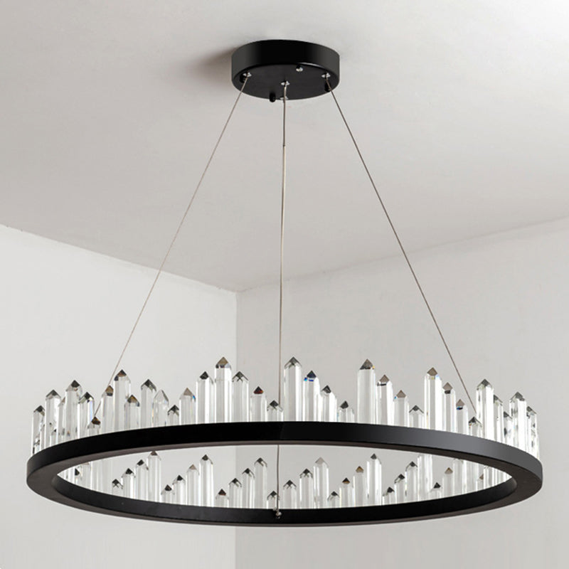 Black Circular LED Pendant Light in Modern Luxury Style Wrought Iron Hanging Lamp with Crystal Shade
