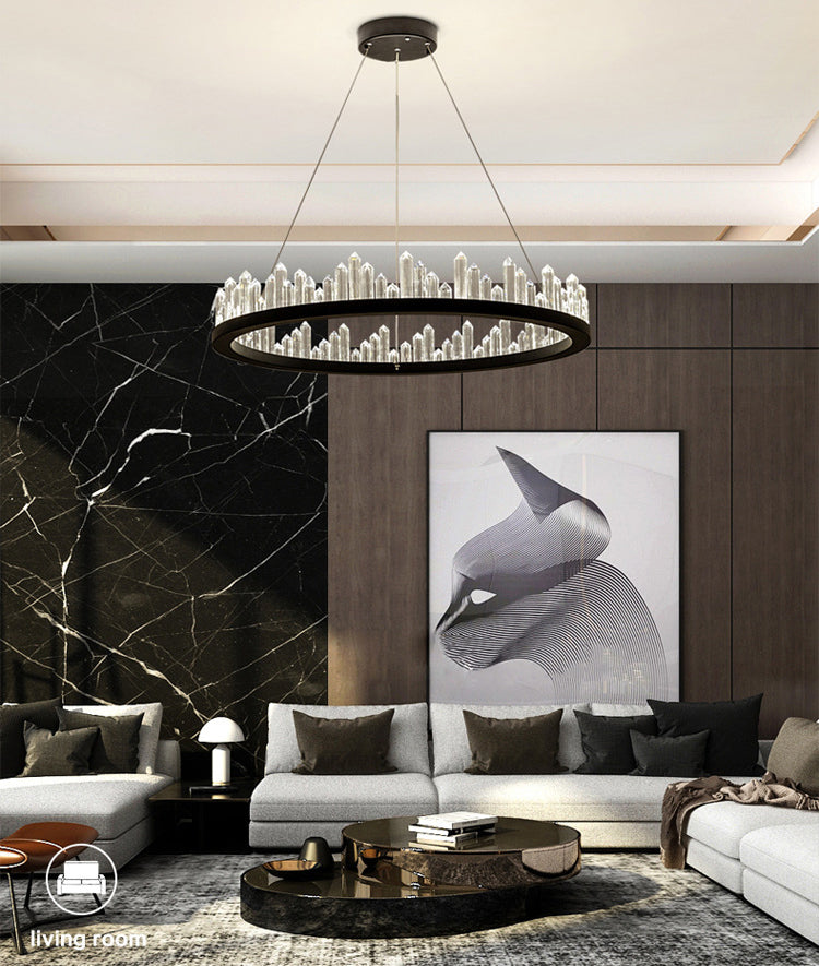 Black Circular LED Pendant Light in Modern Luxury Style Wrought Iron Hanging Lamp with Crystal Shade