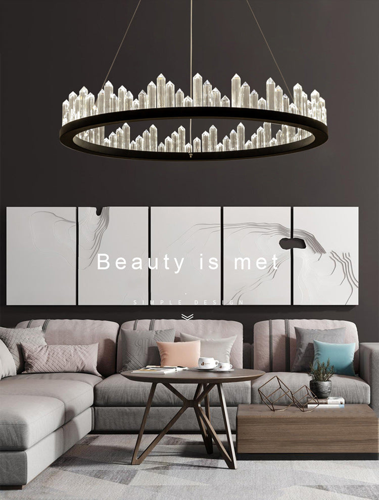 Black Circular LED Pendant Light in Modern Luxury Style Wrought Iron Hanging Lamp with Crystal Shade