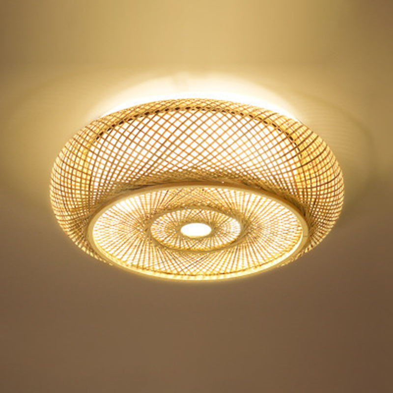 Lámpara de techo de 3 luces con forma de tambor de estilo creativo asiático, montaje empotrado de arte tejido de bambú para pasillo