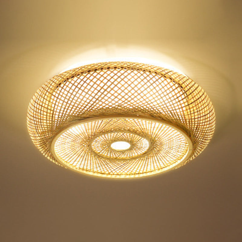 Lámpara de techo de 3 luces con forma de tambor de estilo creativo asiático, montaje empotrado de arte tejido de bambú para pasillo