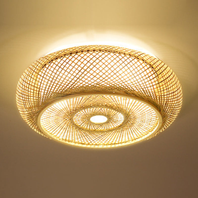 Lámpara de techo de 3 luces con forma de tambor de estilo creativo asiático, montaje empotrado de arte tejido de bambú para pasillo