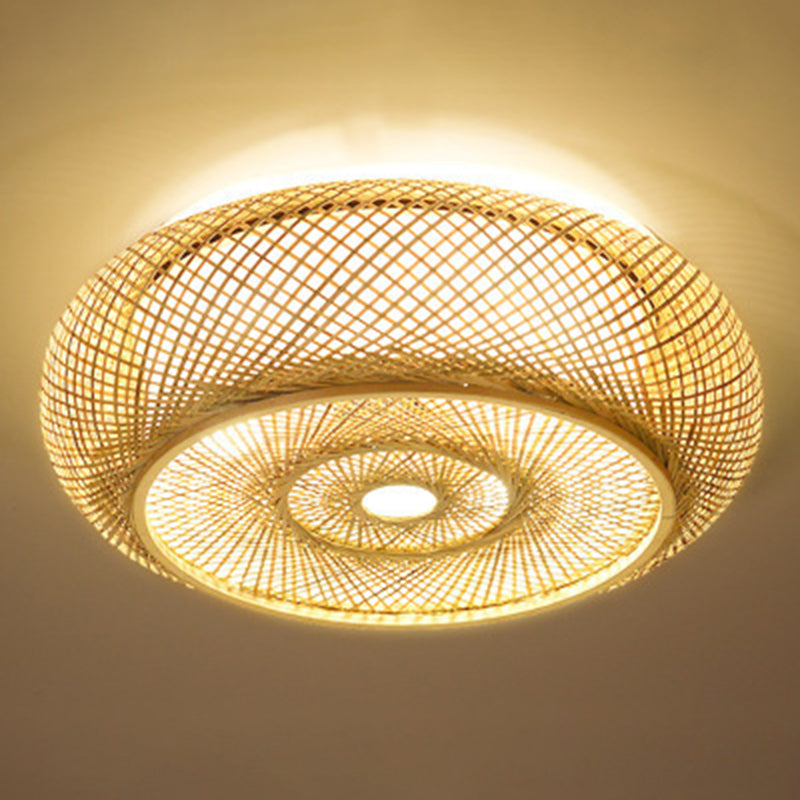 Lámpara de techo de 3 luces con forma de tambor de estilo creativo asiático, montaje empotrado de arte tejido de bambú para pasillo