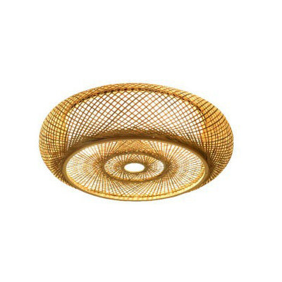 Lámpara de techo de 3 luces con forma de tambor de estilo creativo asiático, montaje empotrado de arte tejido de bambú para pasillo