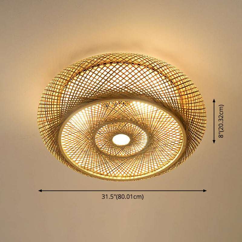 Lámpara de techo de 3 luces con forma de tambor de estilo creativo asiático, montaje empotrado de arte tejido de bambú para pasillo