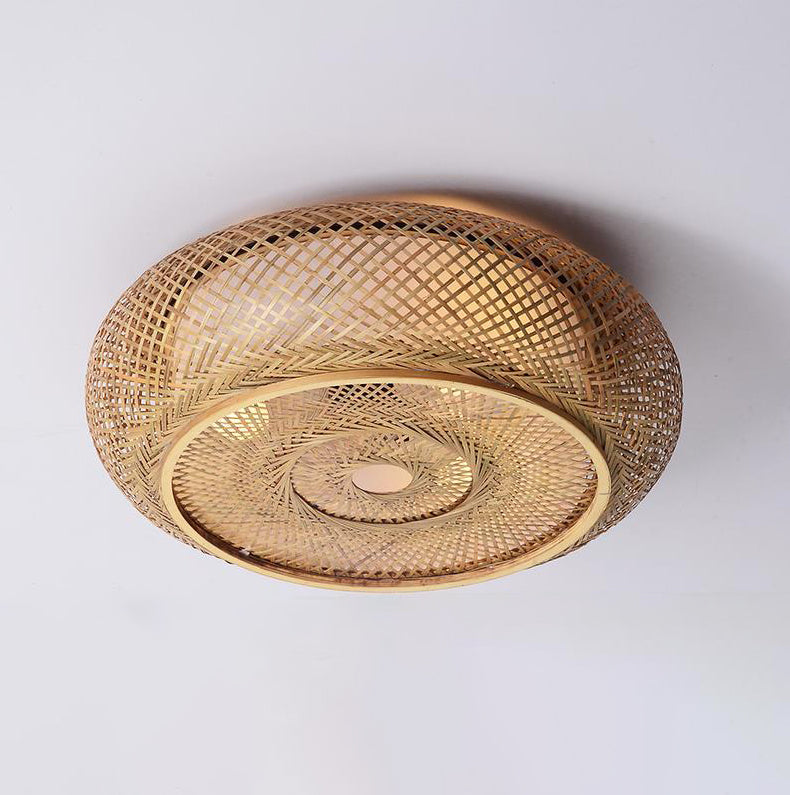 Lámpara de techo de 3 luces con forma de tambor de estilo creativo asiático, montaje empotrado de arte tejido de bambú para pasillo
