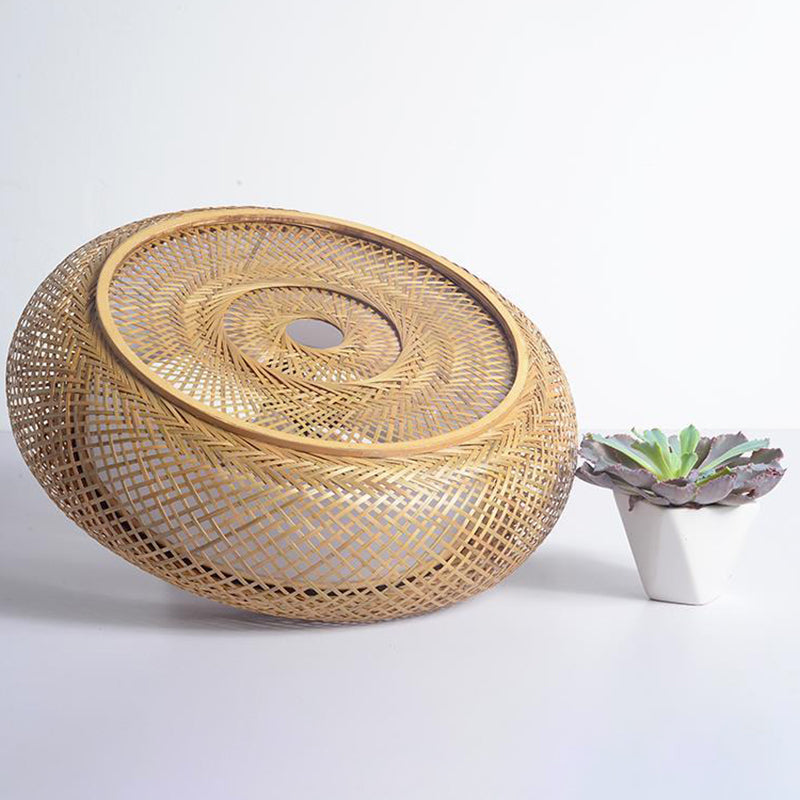 Lámpara de techo de 3 luces con forma de tambor de estilo creativo asiático, montaje empotrado de arte tejido de bambú para pasillo
