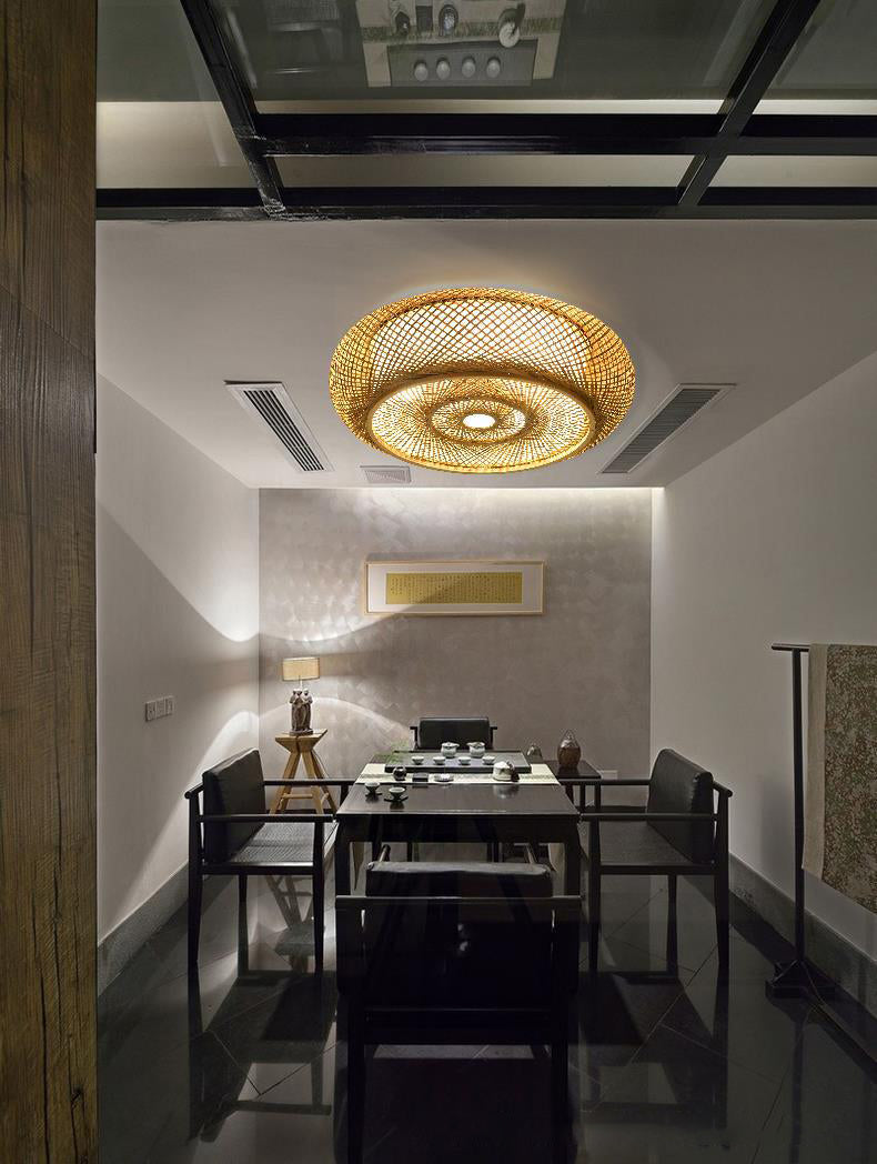 Lámpara de techo de 3 luces con forma de tambor de estilo creativo asiático, montaje empotrado de arte tejido de bambú para pasillo