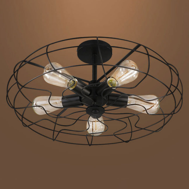 Montaje semi descarga negro de 5 luces en estilo industrial Luz de techo de hierro forjado para lugar comercial