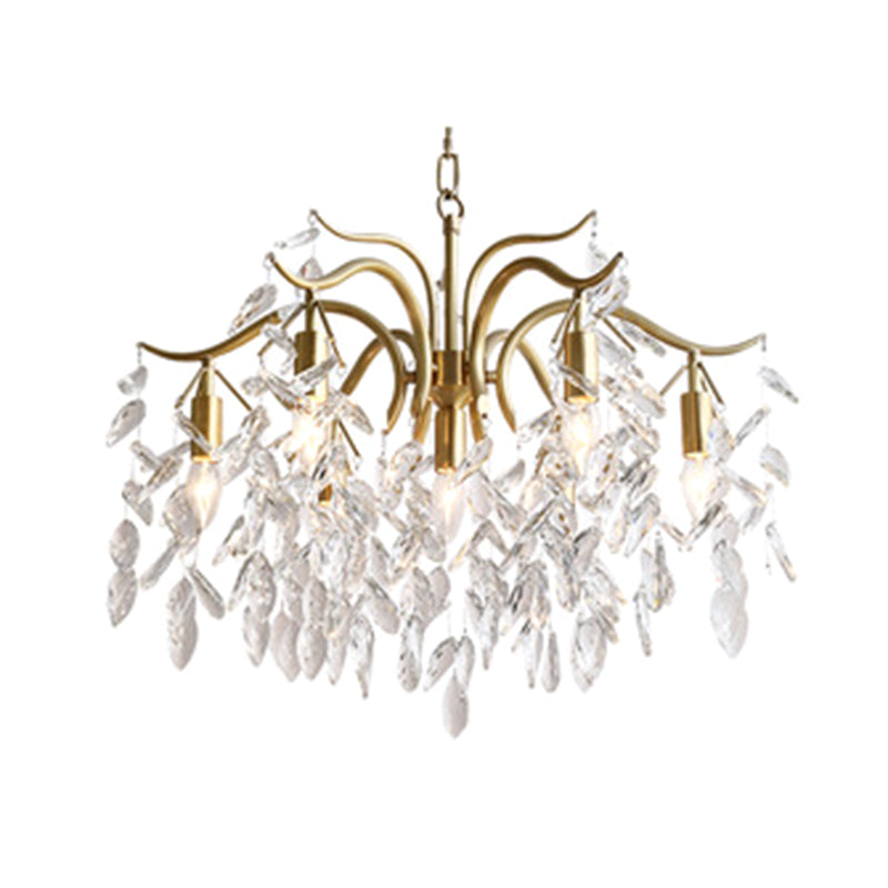 Gold Branches Suspended Lighting Fixture Rustic Crystal Living Room Chandelier Pendant Light