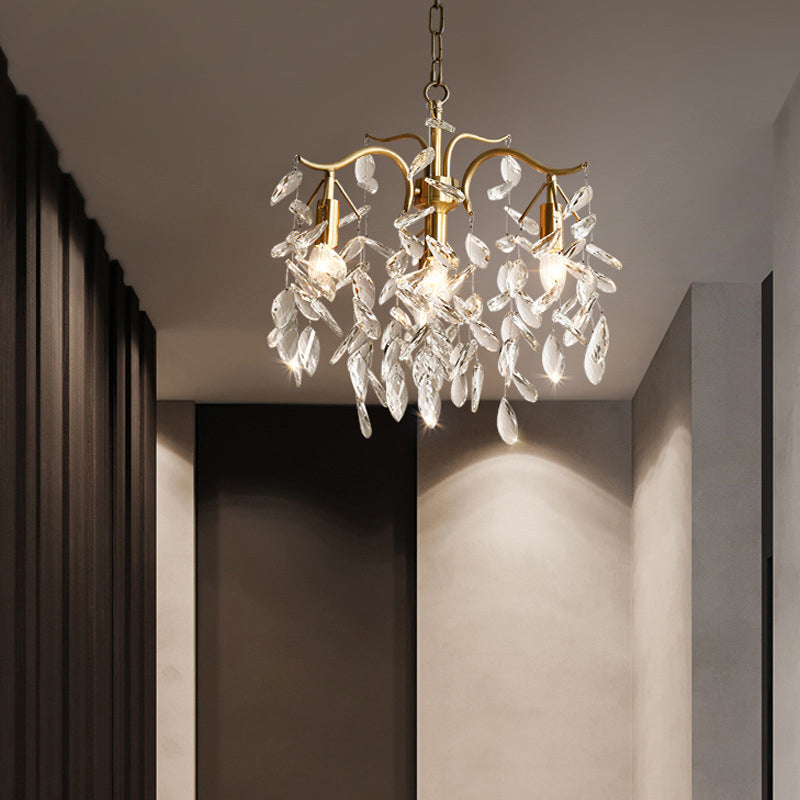 Gold Branches Suspended Lighting Fixture Rustic Crystal Living Room Chandelier Pendant Light