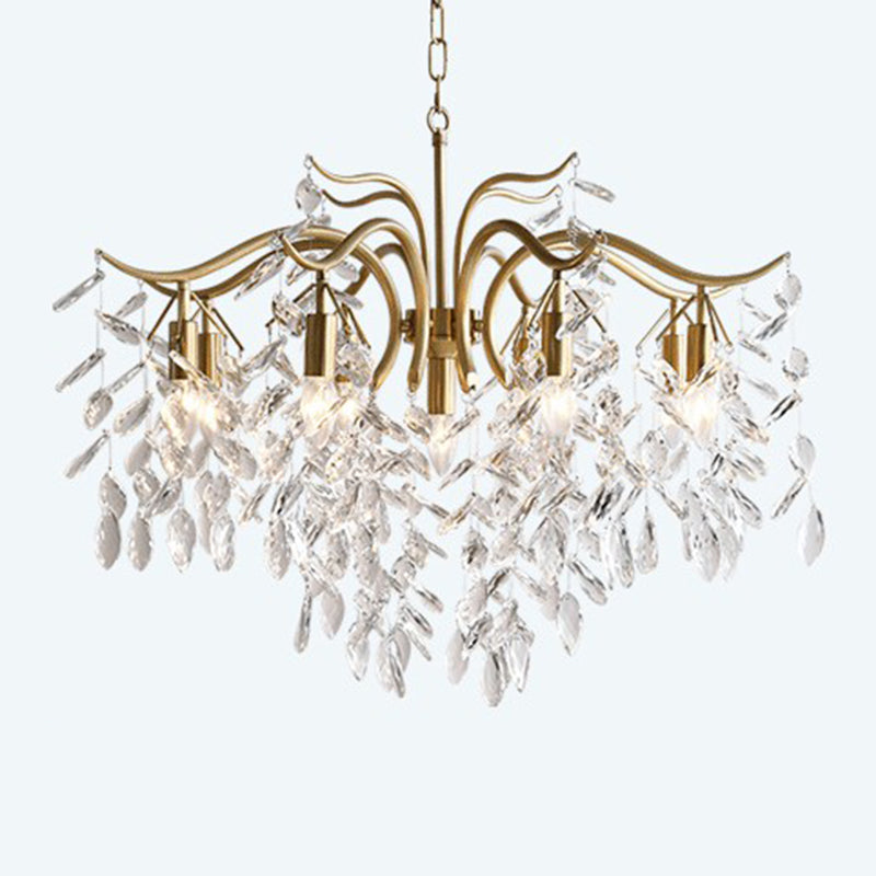 Gold Branches Suspended Lighting Fixture Rustic Crystal Living Room Chandelier Pendant Light