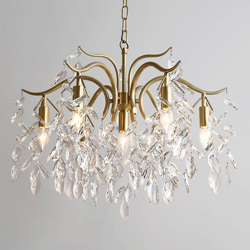 Gold Branches Suspended Lighting Fixture Rustic Crystal Living Room Chandelier Pendant Light