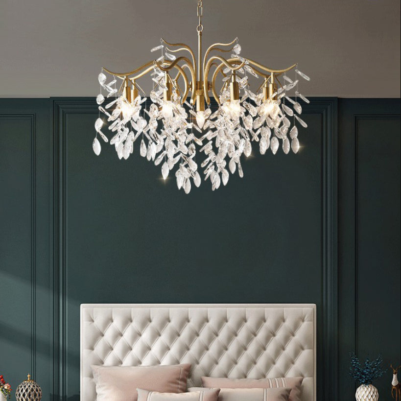 Gold Branches Suspended Lighting Fixture Rustic Crystal Living Room Chandelier Pendant Light