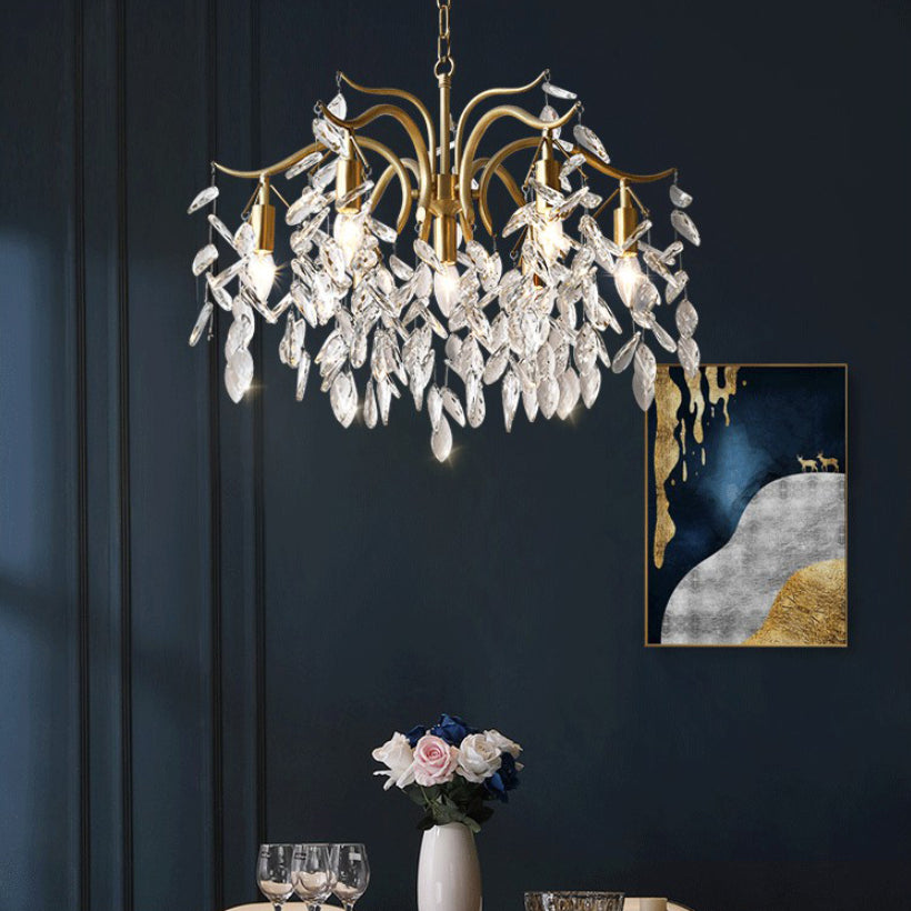 Gold Branches Suspended Lighting Fixture Rustic Crystal Living Room Chandelier Pendant Light