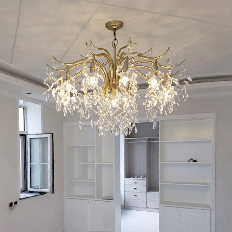 Crystal Branches Chandelier Light Fixture Rustic Living Room Pendant Chandelier in Gold