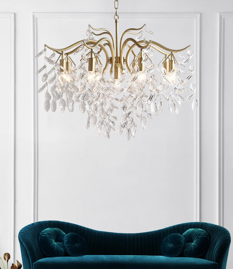 Crystal Branches Chandelier Light Fixture Rustic Living Room Pendant Chandelier in Gold