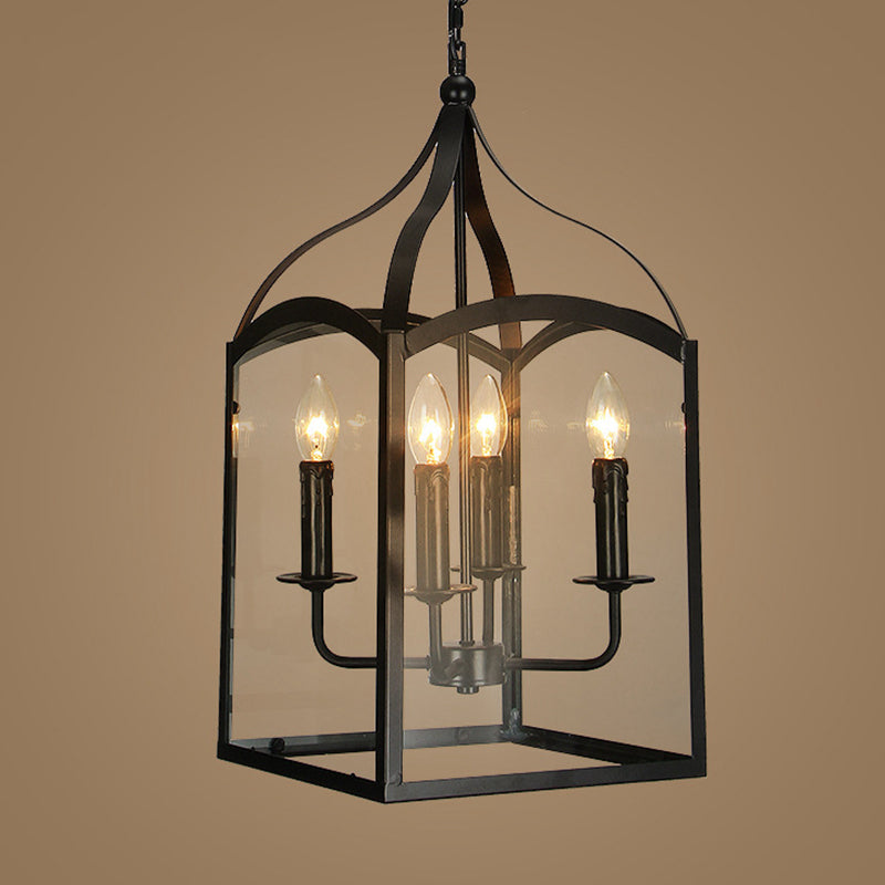 Luz colgante negra de 4 luces en lámpara colgante de hierro forjado de estilo clásico industrial con sombra de vidrio