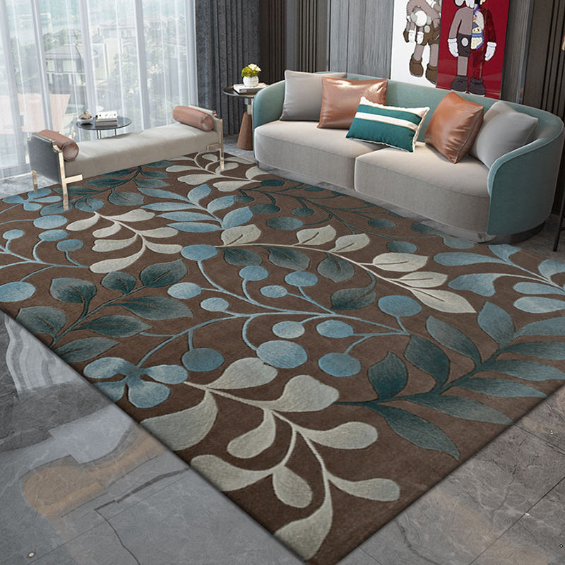 Gray Indoor Room Rug Minimalist Plants Area Rug Polyester Non-Split Backing Carpet