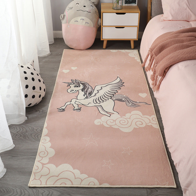 Pink Tone Cartoon Pattern Rug Polyester Minimalist Carpet Washable Indoor Rug for Girl’s Bedroom