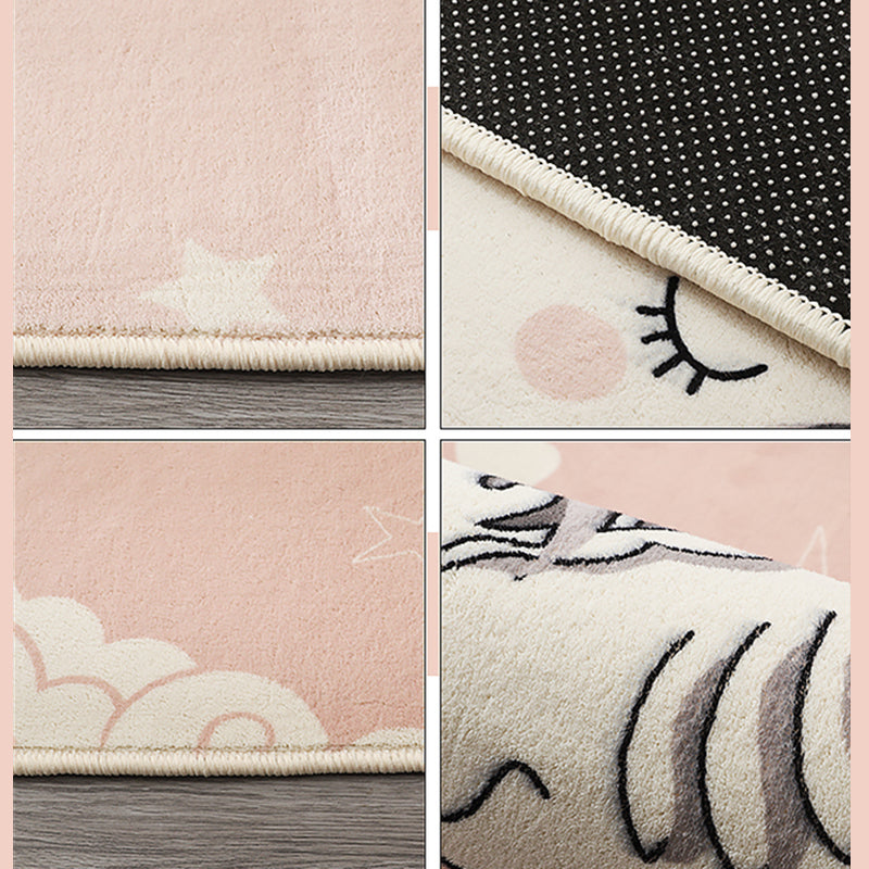 Pink Tone Cartoon Pattern Rug Polyester Minimalist Carpet Washable Indoor Rug for Girl’s Bedroom