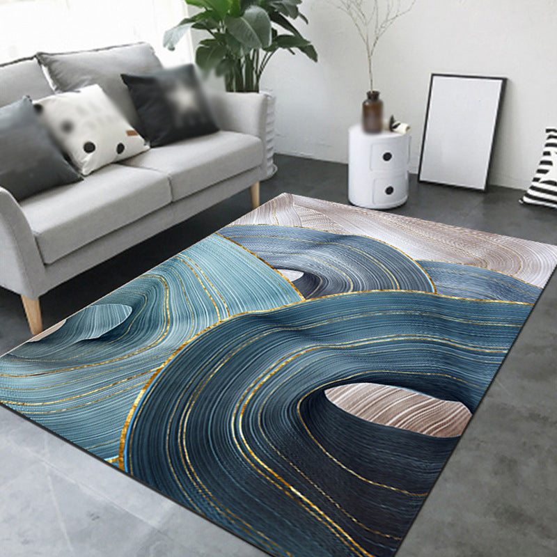 Blue Contemporary Area Rug Polyester Abstract Carpet Non-Split Backing Rug for Home Decor