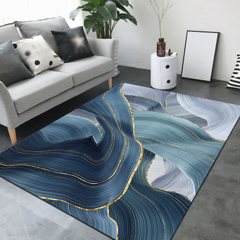 Blue Contemporary Area Rug Polyester Abstract Carpet Non-Split Backing Rug for Home Decor
