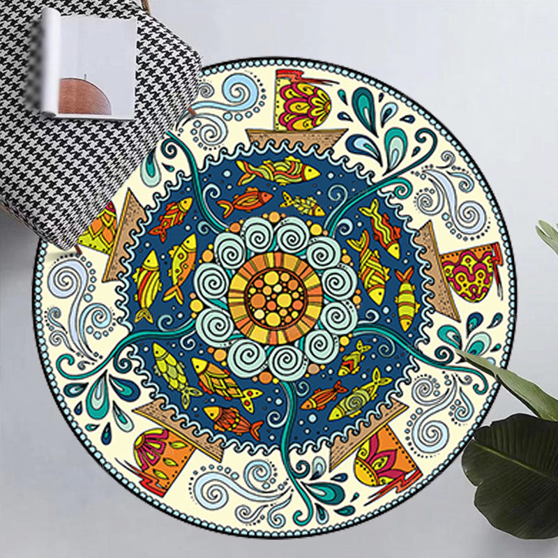 Round Moroccan Indoor Rug Polyester Floral Print Carpet Non-Slip Backing Rug for Home Decoration